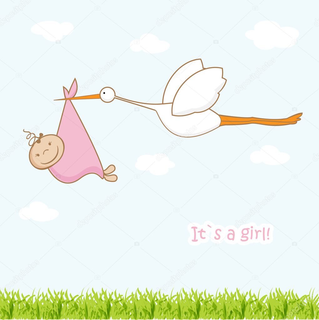Baby arrival card with stork that brings a cute girl