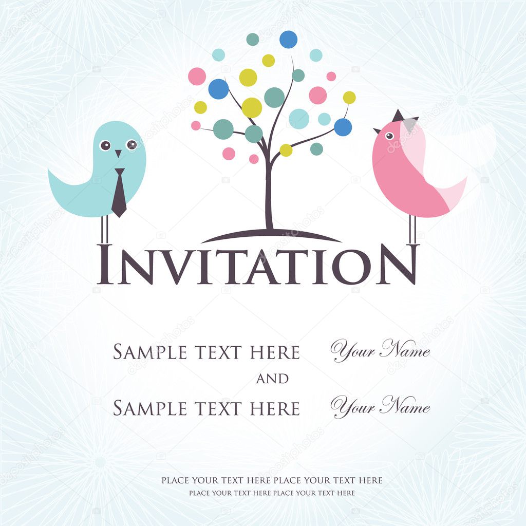 Wedding invitation with two cute birds in bride and groom costumes