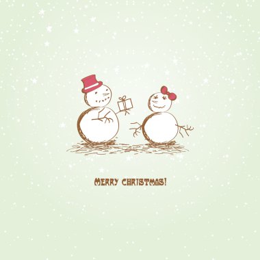 Cute vintage christmas card with snowman and snowwoman. clipart