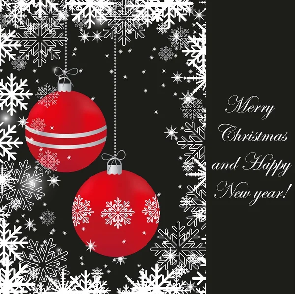 Cartão de Natal bonito com bolas e flocos de neve — Vetor de Stock