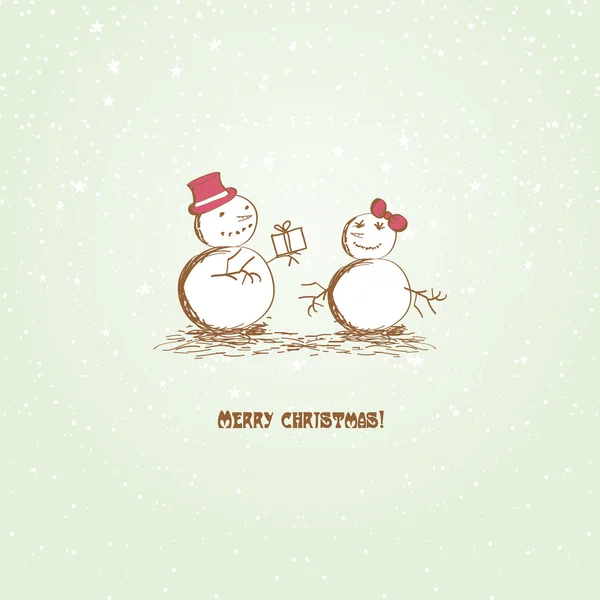Kardan adam ve snowwoman şirin vintage Noel kartı. — Stok Vektör