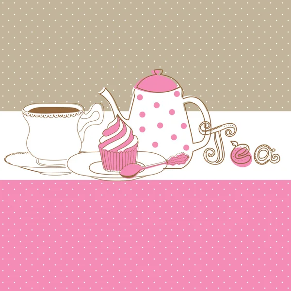 Carte vectorielle mignonne avec bouchon de thé, pot et cupcake sucré — Image vectorielle