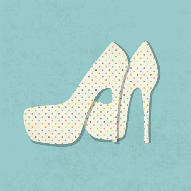 Vintage background with pair of high-heeled woman shoes with polka dot fabric clipart