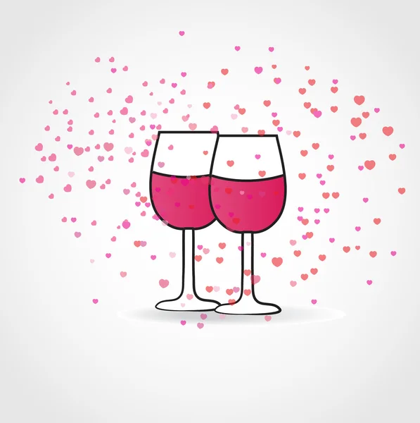 Ερωτικό ποτό. Εικονογράφηση διάνυσμα με δύο ποτήρια κρασιού και καρδιές — Διανυσματικό Αρχείο