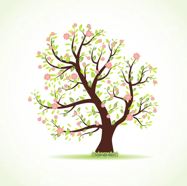 Ilustración vectorial de hermoso árbol de primavera con nuevas hojas frescas, pequeñas flores rosadas y hierba verde — Archivo Imágenes Vectoriales