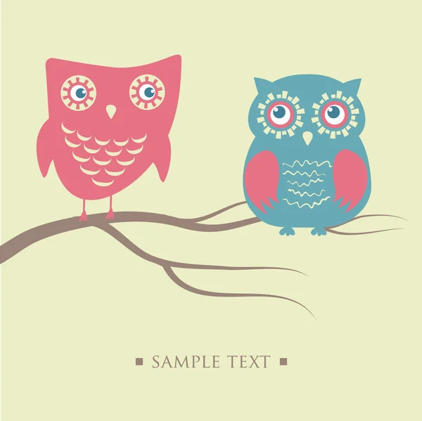 Owls couple sitting on the tree branch. — Stock Vector