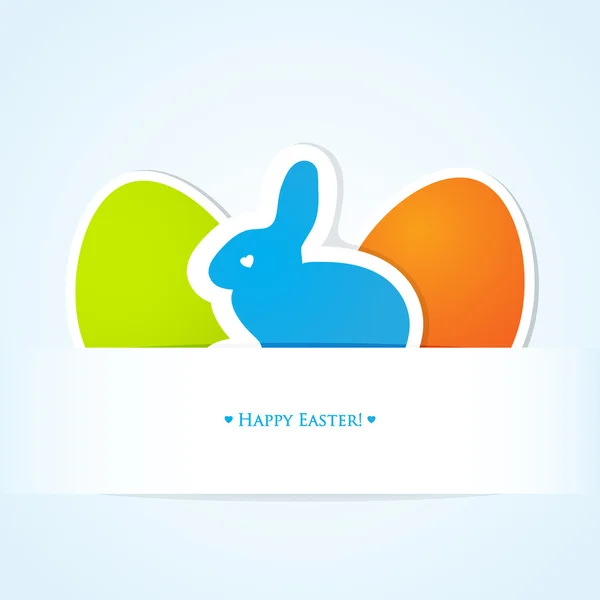 Cute easter card with blue bunny ad two eggs — Stock Vector