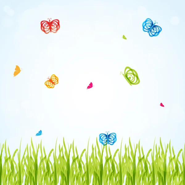 Våren bakgrund med flerfärgade fjärilar under färskt grönt gräs — Stock vektor