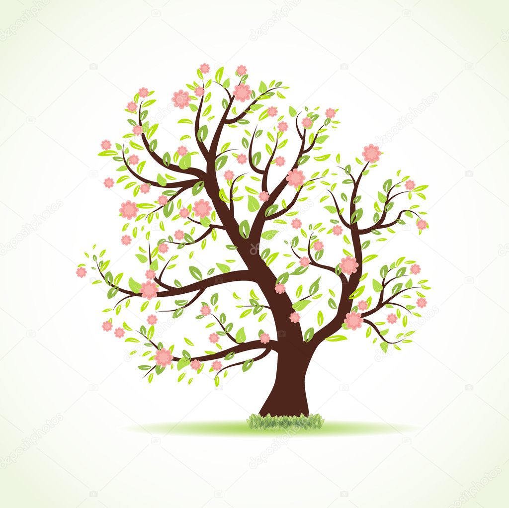 Vector illustration of beautiful spring tree with fresh new leaves, small pink flowers and green grass