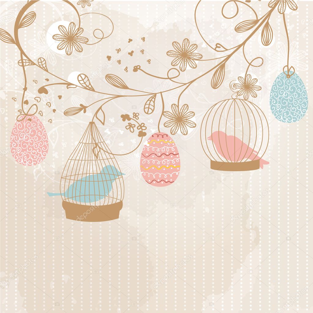 Easter card with cute birds in the cages and patterned easter eggs