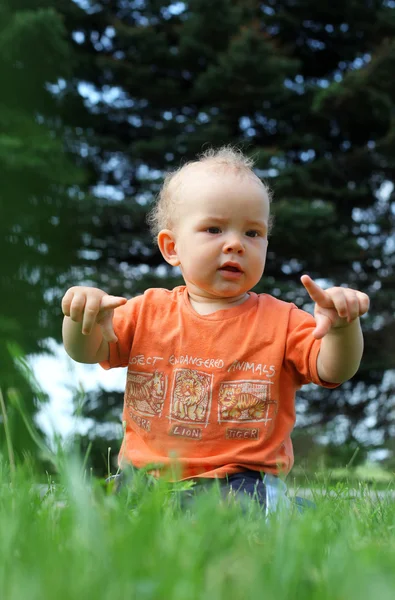 Malý chlapec hraje venku v létě — Stock fotografie