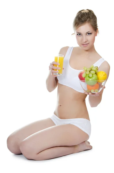 Beautiful girl with fruit and vegetables — Stock Photo, Image