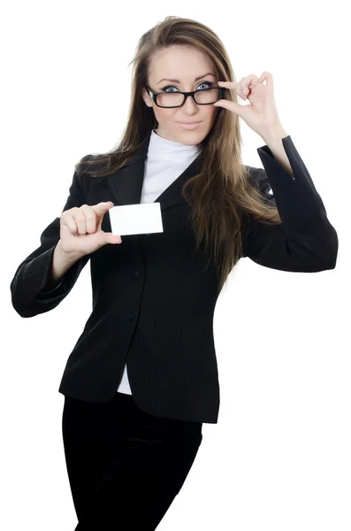 A mulher de negócios com o cartão — Fotografia de Stock