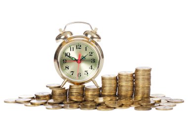 Alarm clock and money isolated on white background