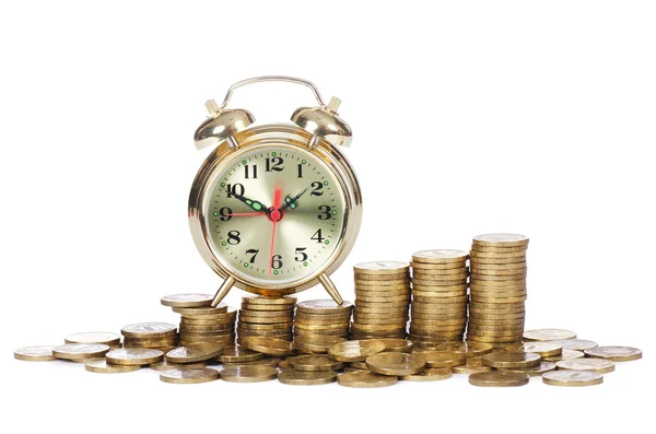 Alarm clock and money isolated on white background — Stok fotoğraf
