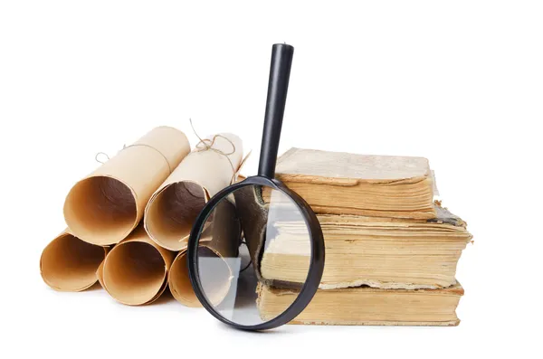 Many ancient scrolls and old books — Stock Photo, Image