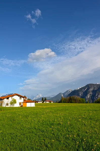 Alpenlandschap in Oostenrijk: bergen, bossen, weiden en een boerderij — Stockfoto