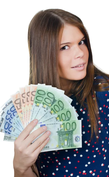 Het mooie meisje met eurobankbiljetten — Stockfoto