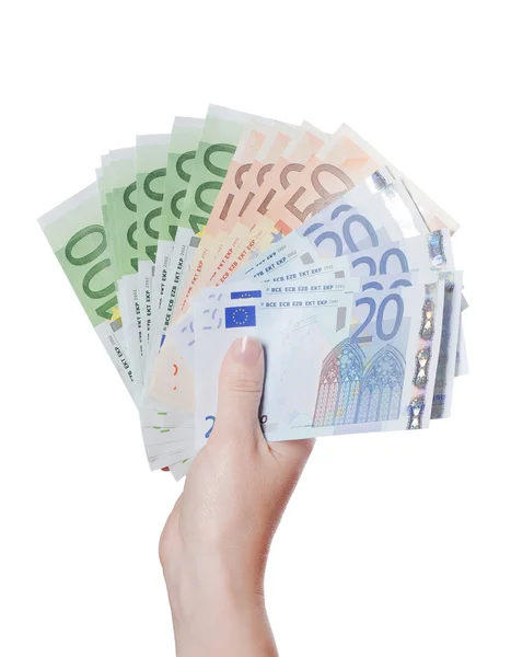 Τραπεζογραμμάτια ευρώ σε ένα χέρι που απομονώνονται σε λευκό — Φωτογραφία Αρχείου