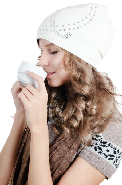 Menina bonita com uma xícara de café — Fotografia de Stock