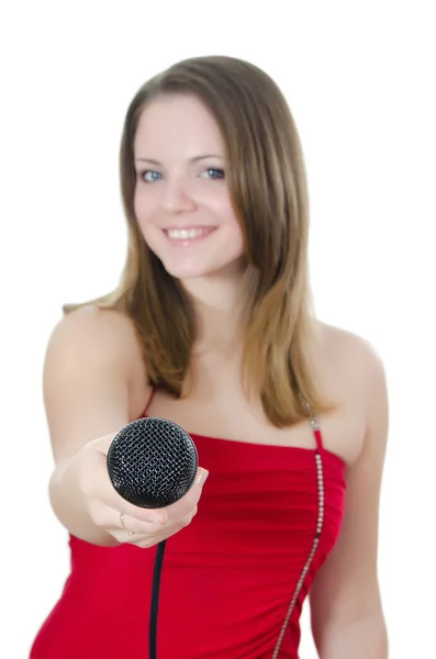 Κορίτσι με ένα μικρόφωνο που απομονώνονται — Φωτογραφία Αρχείου