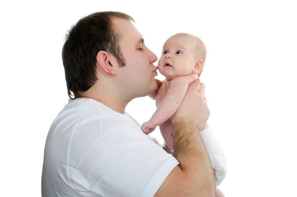 Ritratto giovane papà e il bambino, su sfondo bianco — Foto Stock