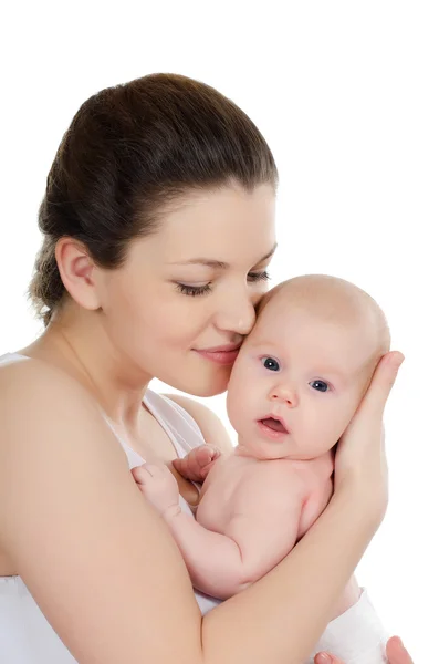 Glückliche Mutter mit Baby über Weiß — Stockfoto