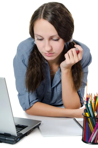 年轻的女孩对便携式计算机 — 图库照片