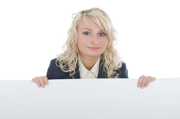 Portrait of woman holding blank billboard — Stock Photo, Image