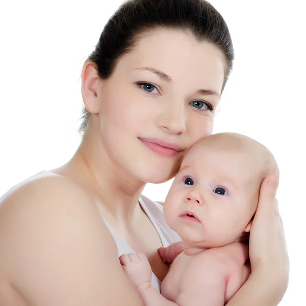 Mutlu anne ve bebek beyazın üstünde — Stok fotoğraf