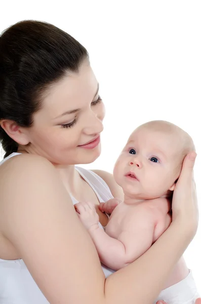 Madre feliz con el bebé sobre blanco — Foto de Stock