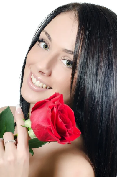 Dívka s nádhernými vlasy s červenou růží — Stock fotografie
