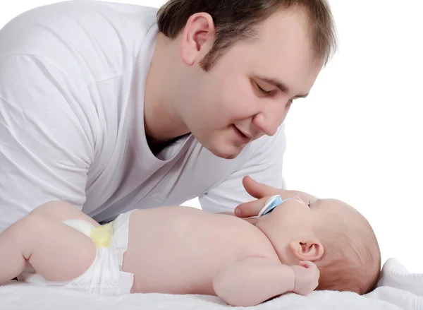 Portrait young daddy and the kid, on a white — Stock Photo, Image