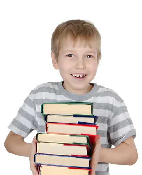O menino lê o livro isolado em branco — Fotografia de Stock