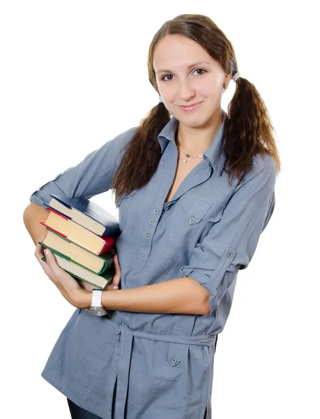 Het mooie meisje met boeken geïsoleerd op wit — Stockfoto