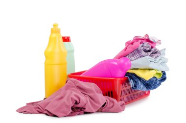 Heap of pure clothes with different detergent clipart