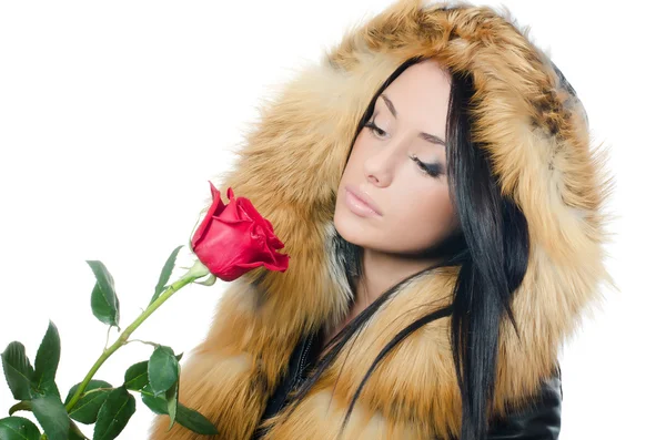 与一朵红玫瑰的美丽头发的女孩 — 图库照片