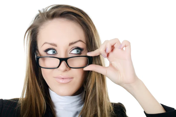 Biznes kobieta w okularach wygląda bokiem na białym tle — Zdjęcie stockowe
