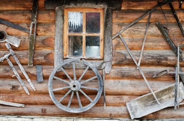 Facade of ancient wooden log hut