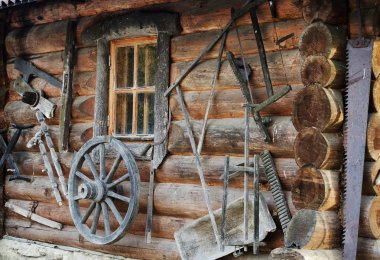 Facade of ancient wooden log hut