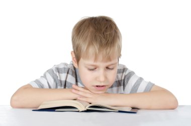 The boy reads the book isolated on white clipart