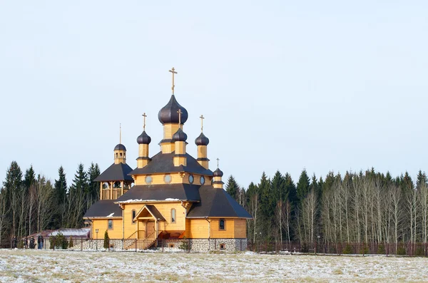 Wooden church against winter wood — 图库照片