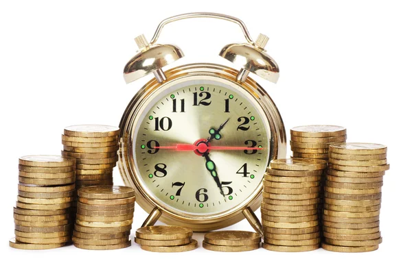 Alarm clock and money isolated on white background — Stock Photo, Image