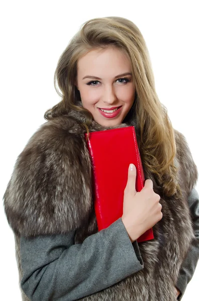 Das schöne Mädchen mit der roten Handtasche — Stockfoto