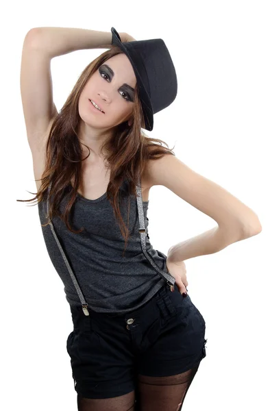 El retrato de la muchacha hermosa en el sombrero - el estilo grunge —  Fotos de Stock
