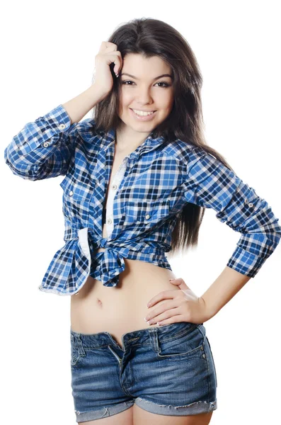 The beautiful girl in jeans shorts — Stock Photo, Image