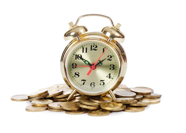 Relógio despertador e dinheiro isolado no fundo branco — Fotografia de Stock