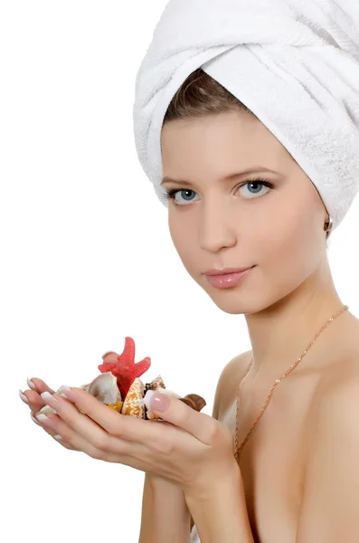 The young beautiful girl with a towel on hair — Stock Photo, Image