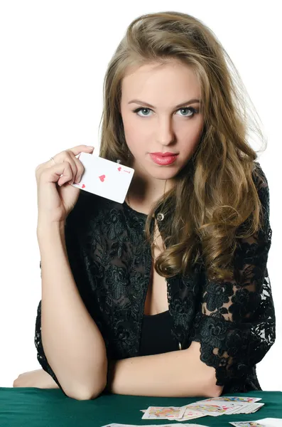 Den vackra flickan med spelkort — Stockfoto