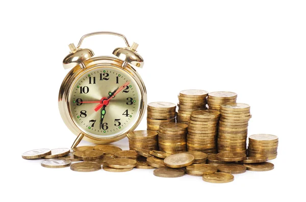Alarm clock and money isolated on white background — Stockfoto